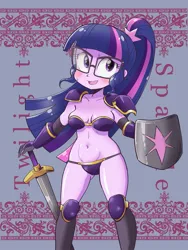 Size: 1125x1500 | Tagged: suggestive, artist:k-nattoh, derpibooru import, sci-twi, twilight sparkle, human, equestria girls, g4, belly, belly button, glasses, image, jpeg, knight, open mouth, shield, sweat, sweatdrops, sword, weapon