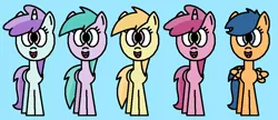 Size: 998x431 | Tagged: safe, artist:williethelittleponyfan36, derpibooru import, first base, liza doolots, noi, petunia, ruby pinch, tootsie flute, earth pony, pegasus, pony, unicorn, g4, adorabase, alternate mane five, alternate universe, aura (g4), aurabetes, blue background, classmates, cute, cyan background, female, filly, filly five, foal, girly girl, group, horn, image, noiabetes, open mouth, open smile, pegasus first base, pinchybetes, png, quintet, race swap, simple background, smiling, tomboy, tootsie cute