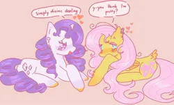 Size: 1024x617 | Tagged: safe, artist:flutternutters, derpibooru import, fluttershy, rarity, pegasus, pony, unicorn, beige background, blushing, duo, duo female, ear piercing, earring, eyeshadow, female, flarity, heart, horn, image, jewelry, jpeg, lesbian, lying down, makeup, mare, markings, open mouth, piercing, prone, shipping, simple background, unshorn fetlocks