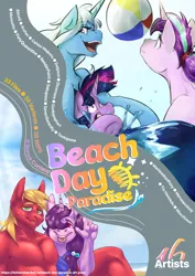 Size: 2481x3508 | Tagged: safe, artist:godlypoptart, artist:potato22, artist:testostepone, artist:tizhonolulu, derpibooru import, big macintosh, starlight glimmer, sugar belle, trixie, twilight sparkle, anthro, pony, art pack:beach day paradise, :p, advertisement, art pack, beach, beach ball, image, ocean, png, tongue out, water