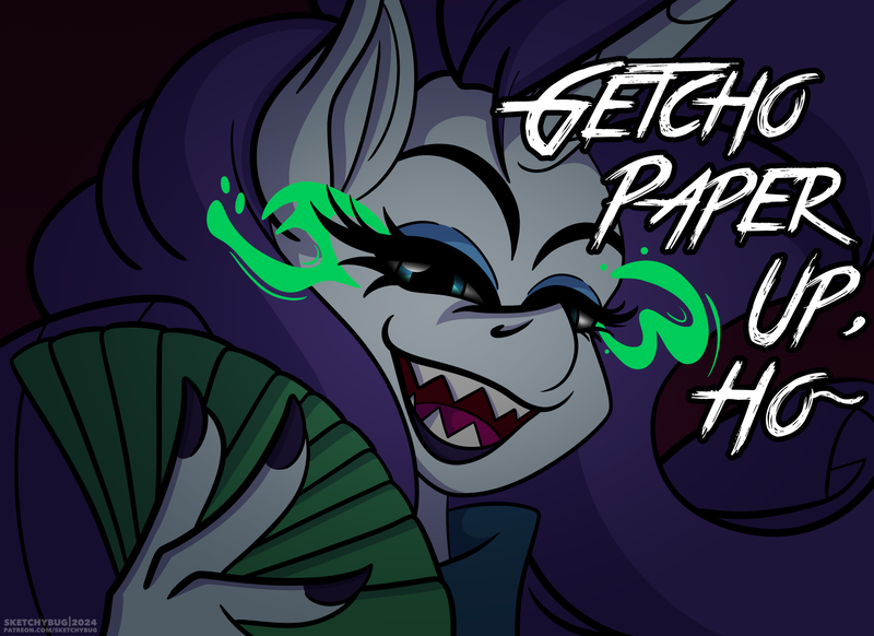 Size: 1650x1200 | Tagged: safe, artist:sketchybug, derpibooru import, rarity, anthro, condescending, female, fingernails, glow, glowing eyes, image, looking at you, money, nail polish, png, teasing, text, toothy grin, vulgar