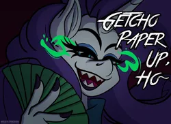 Size: 1650x1200 | Tagged: safe, artist:sketchybug, derpibooru import, rarity, anthro, condescending, female, fingernails, glow, glowing eyes, image, looking at you, money, nail polish, png, teasing, text, toothy grin, vulgar