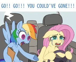 Size: 1998x1639 | Tagged: safe, artist:sunbusting, derpibooru import, fluttershy, rainbow dash, pegasus, pony, semi-anthro, g4, adorable distress, backseat driver, car, car interior, clipboard, crying, cute, dialogue, driving, duo, duo female, eyebrows, eyebrows visible through hair, female, floppy ears, go, hoof hold, human shoulders, image, mare, meme, open mouth, partially open wings, png, sitting, speech bubble, spread wings, stressed, text, wings, yelling