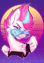 Size: 1240x1748 | Tagged: safe, artist:koffeemilk, derpibooru import, zipp storm, pegasus, pony, g5, bust, chest fluff, commission, cyberpunk, female, fluffy, grid, image, mare, multicolored hair, multicolored mane, neon, outrun, png, retrowave, shutter shades, smiling, smug, solo, sun, sunglasses, synthwave, wings