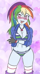 Size: 1108x2048 | Tagged: suggestive, derpibooru import, rainbow dash, human, equestria girls, g4, black gloves, blushing, blushing profusely, breasts, clothes, eyebrows, eyebrows visible through hair, female, heart, heart background, heart eyes, image, jacket, jewelry, jpeg, looking at you, male, multicolored hair, necklace, panties, pink background, simple background, socks, standing, straight, striped panties, striped underwear, underwear, unzipped, white socks, wingding eyes