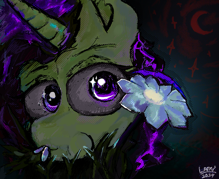 Size: 1100x900 | Tagged: safe, artist:lamimaster, derpibooru import, oc, oc:dolores, unofficial characters only, pony, bust, eating, female, flower, gift art, grass, herbivore, horn, horses doing horse things, image, mare, moon, night, png, portrait, solo, solo female