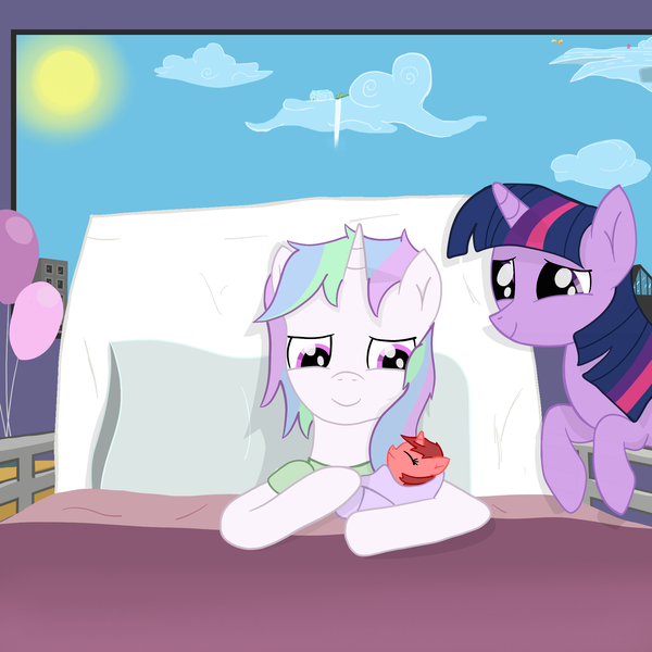 Size: 1796x1796 | Tagged: safe, artist:minecake, derpibooru import, twilight sparkle, oc, oc:cake sparkle, oc:rose thorn, pony, unicorn, g4, baby, baby pony, balloon, bed, birthday, canon x oc, clothes, cloud, horn, hospital, hospital bed, hospital gown, image, implied lesbian, magical lesbian spawn, offspring, parent and child, parent:cake sparkle, parent:twilight sparkle, png, sun, unicorn twilight