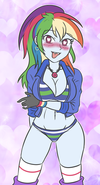 Size: 1841x3402 | Tagged: suggestive, artist:sumin6301, derpibooru import, rainbow dash, human, equestria girls, g4, belly, belly button, blushing, boots, breasts, cleavage, clothes, concave belly, female, gloves, heart, heart eyes, image, jacket, legs, looking at you, midriff, panties, png, shoes, sideburns, smiling, smiling at you, socks, solo, striped bra, striped panties, striped underwear, thigh highs, thighs, tongue out, underwear, wingding eyes, wristband