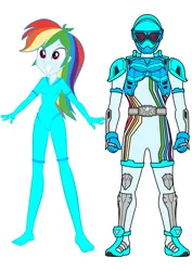 Size: 2480x3508 | Tagged: safe, artist:invisibleink, artist:tylerajohnson352, derpibooru import, edit, editor:pascalmulokozi2, rainbow dash, human, equestria girls, g4, armor, clothes, cyan, cyberspace, digitized, digitized body, glowing body, image, kamen rider, kamen rider ex-aid, png, self paradox, simple background, solo, suit, teal, tokusatsu, white background