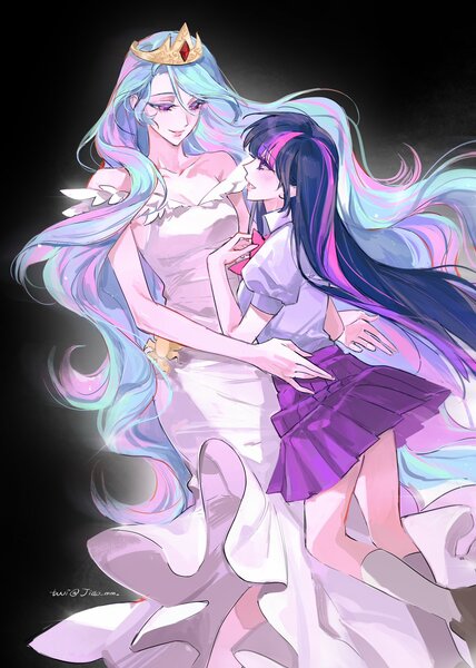 Size: 1462x2048 | Tagged: safe, artist:jiao, derpibooru import, kotobukiya, princess celestia, twilight sparkle, human, black background, clothes, crown, dress, duo, embrace, equestria girls outfit, humanized, image, jewelry, jpeg, kotobukiya princess celestia, looking at each other, looking at someone, regalia, simple background