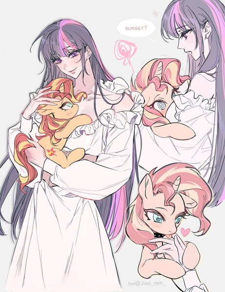 Size: 1574x2048 | Tagged: safe, artist:jiao, derpibooru import, sunset shimmer, twilight sparkle, human, pony, unicorn, boob smothering, clothes, collar, dress, female, holding a pony, horn, humanized, image, interspecies, jpeg, lesbian, licking, mare, shipping, shoulderless, simple background, small pony, smothering, sunsetsparkle, swirly eyes, tongue out, white background