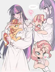 Size: 1574x2048 | Tagged: safe, artist:jiao, derpibooru import, sunset shimmer, twilight sparkle, human, pony, unicorn, boob smothering, clothes, collar, dress, female, holding a pony, horn, humanized, image, interspecies, jpeg, lesbian, licking, mare, shipping, shoulderless, simple background, small pony, smothering, sunsetsparkle, swirly eyes, tongue out, white background