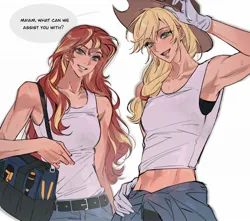 Size: 2048x1812 | Tagged: safe, artist:jiao, derpibooru import, applejack, sunset shimmer, human, bag, clothes, denim, duo, gloves, humanized, image, jeans, jpeg, offscreen character, pants, simple background, speech bubble, sweat, tanktop, tools, white background