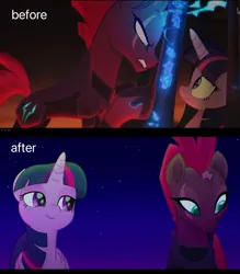 Size: 1798x2048 | Tagged: safe, derpibooru import, edit, edited screencap, part of a set, screencap, tempest shadow, twilight sparkle, twilight sparkle (alicorn), alicorn, pony, unicorn, g4, my little pony: the movie, duo, duo female, female, horn, image, jpeg, lesbian, mare, ship:tempestlight, shipping, twilight sparkle gets all the mares