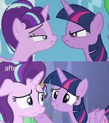 Size: 1818x2048 | Tagged: safe, derpibooru import, edit, edited screencap, part of a set, screencap, starlight glimmer, twilight sparkle, twilight sparkle (alicorn), alicorn, pony, unicorn, g4, the cutie re-mark, chinese text, duo, duo female, female, horn, image, jpeg, lesbian, mare, moon runes, ship:twistarlight, shipping, twilight sparkle gets all the mares