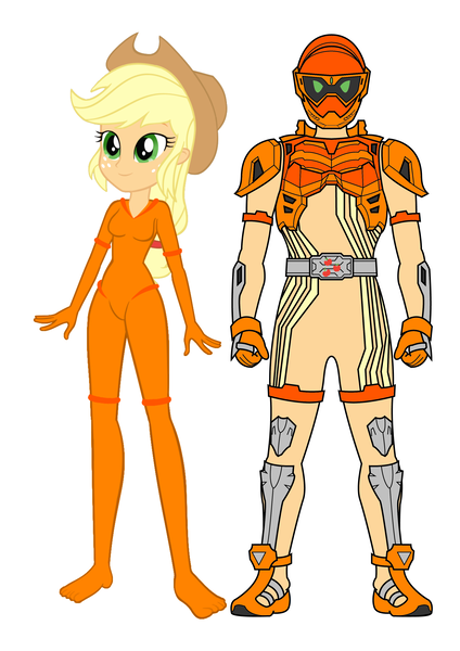 Size: 2480x3508 | Tagged: safe, artist:invisibleink, artist:tylerajohnson352, derpibooru import, editor:pascalmulokozi2, applejack, human, equestria girls, g4, applejack's hat, armor, clothes, cowboy hat, cyberspace, digitized, digitized body, hat, image, kamen rider, kamen rider ex-aid, orange (color), png, self paradox, simple background, solo, suit, tokusatsu, white background