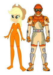 Size: 2480x3508 | Tagged: safe, artist:invisibleink, artist:tylerajohnson352, derpibooru import, editor:pascalmulokozi2, applejack, human, equestria girls, g4, applejack's hat, armor, clothes, cowboy hat, cyberspace, digitized, digitized body, hat, image, kamen rider, kamen rider ex-aid, orange (color), png, self paradox, simple background, solo, suit, tokusatsu, white background