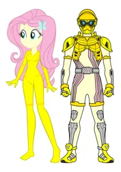 Size: 2480x3508 | Tagged: safe, artist:invisibleink, artist:tylerajohnson352, derpibooru import, editor:pascalmulokozi2, fluttershy, human, equestria girls, g4, armor, clothes, cyberspace, digitized, digitized body, glowing body, hairpin, image, kamen rider, kamen rider ex-aid, png, simple background, solo, suit, tokusatsu, white background, yellow