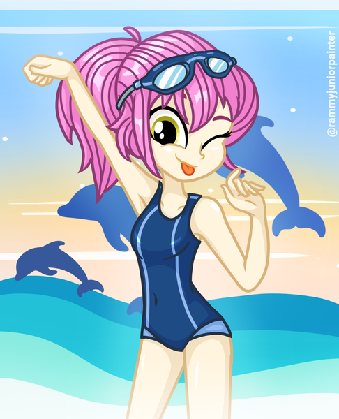 Size: 2015x2490 | Tagged: safe, artist:rjp.rammy, derpibooru import, oc, oc:miya, equestria girls, g4, clothes, female, image, one eye closed, one-piece swimsuit, png, solo, sukumizu, swimsuit, tongue out, wink