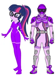 Size: 2480x3508 | Tagged: safe, artist:invisibleink, artist:tylerajohnson352, derpibooru import, edit, editor:pascalmulokozi2, sci-twi, twilight sparkle, human, equestria girls, g4, armor, bodysuit, clothes, cyberspace, digitized, digitized body, glasses, glowing body, image, kamen rider, kamen rider ex-aid, png, ponytail, purple, self paradox, simple background, solo, suit, tokusatsu, visor, white background