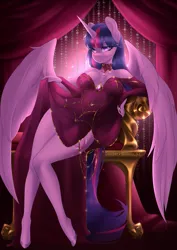 Size: 725x1024 | Tagged: suggestive, artist:u_lu_lu, derpibooru import, twilight sparkle, twilight sparkle (alicorn), alicorn, anthro, unguligrade anthro, breasts, cleavage, clothes, commission, dress, female, image, jpeg, looking at you, solo, solo female, throne