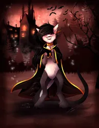 Size: 3500x4500 | Tagged: safe, artist:lunciakkk, derpibooru import, oc, oc:chalina, unofficial characters only, bat, earth pony, undead, vampire, abstract background, artfight, castle, detailed background, gift art, image, jewelry, necklace, png, solo