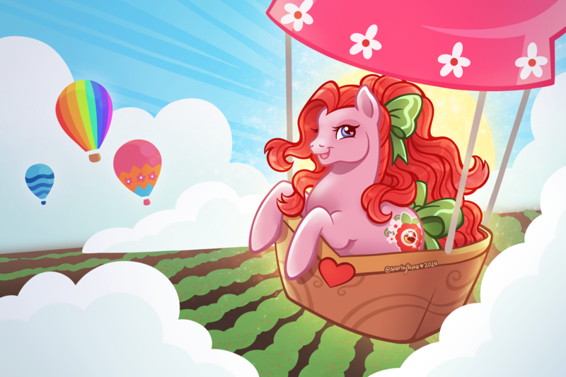 Size: 3600x2400 | Tagged: safe, artist:sparkytopia, derpibooru import, july jubilee, earth pony, pony, g3, bow, cloud, female, hair bow, hot air balloon, image, jewel birthday ponies, mare, outdoors, pink coat, png, red hair, scenery, signature, solo, tail, tail bow