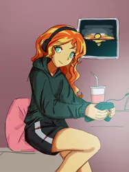Size: 768x1024 | Tagged: safe, artist:sugarcube269, derpibooru import, sunset shimmer, human, equestria girls, g4, clothes, controller, cute, drink, female, gamer sunset, headphones, hoodie, image, jpeg, looking at you, painting, pillow, shimmerbetes, shorts, smiling, solo, sunset
