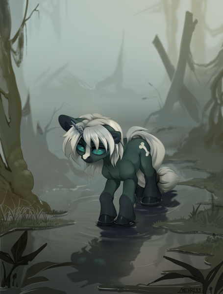 Size: 2500x3300 | Tagged: safe, artist:mithriss, derpibooru import, oc, unofficial characters only, pony, unicorn, female, horn, image, mare, png, reflection, solo, swamp, water