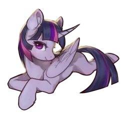 Size: 1024x1024 | Tagged: safe, artist:rikadiane, derpibooru import, twilight sparkle, twilight sparkle (alicorn), alicorn, pony, g4, folded wings, horn, image, looking at you, lying down, missing cutie mark, png, prone, solo, watermark, wings