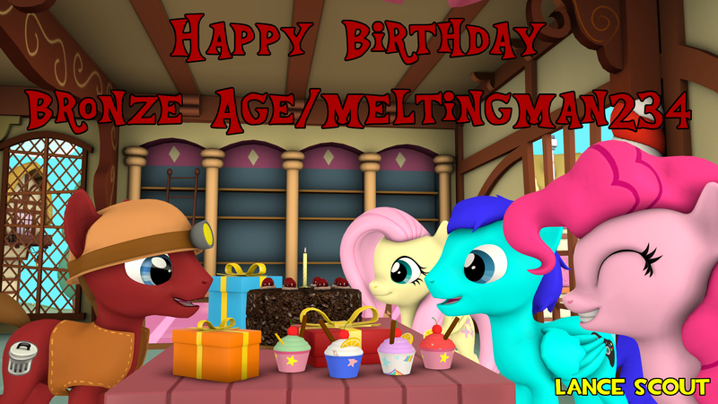 Size: 1920x1080 | Tagged: safe, artist:lancescout, derpibooru import, fluttershy, pinkie pie, oc, oc:blue gamer, oc:bronze age, earth pony, pegasus, pony, 3d, birthday, birthday cake, birthday gift, cake, cherry, chocolate, cupcake, female, food, helmet, image, lemon, male, png, present, source filmmaker, sugarcube corner, watermark