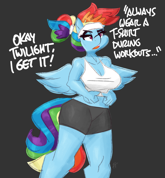 Size: 3000x3238 | Tagged: suggestive, artist:flutterthrash, derpibooru import, rainbow dash, anthro, pegasus, plantigrade anthro, g4, alternate hairstyle, belly, belly button, big breasts, breasts, cleavage, clothes, compression shorts, dialogue, female, hair bun, headband, high res, image, implied twilight sparkle, lidded eyes, midriff, png, rainbow dash is not amused, shirt, shorts, sleeveless, sleeveless shirt, solo, solo female, thighs, unamused, wings, workout outfit