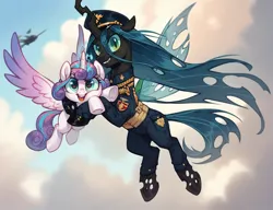 Size: 1512x1160 | Tagged: safe, ai content, anonymous prompter, derpibooru import, machine learning generated, stable diffusion, princess flurry heart, queen chrysalis, alicorn, changeling, changeling queen, pony, g4, clothes, crazy eyes, duo, duo female, female, flying, generator:pony diffusion v6 xl, hug, image, looking at you, magic, military uniform, png, smiling, uniform, waving