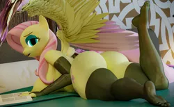 Size: 3840x2360 | Tagged: suggestive, artist:vladichslg, derpibooru import, fluttershy, anthro, pegasus, 3d, 4k, bed, book, breasts, butt, clothes, feet, female, gloves, high res, image, large butt, laying on bed, looking at you, lying down, makeup, nipples, nudity, on bed, png, socks, solo, stockings, stupid sexy fluttershy, thick, thigh highs