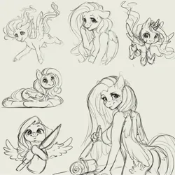 Size: 4000x4000 | Tagged: suggestive, artist:miokomata, derpibooru import, fluttershy, princess celestia, alicorn, anthro, pegasus, pony, ass, bikini, bikini top, bottomless, breasts, busty fluttershy, butt, chibi, clothes, cute, cutelestia, duo, duo female, female, females only, floppy ears, flutterbutt, flying, grayscale, hoof hold, image, jpeg, knife, looking at you, looking back, looking back at you, lying down, monochrome, partial nudity, prone, shyabetes, sideboob, simple background, sketch, sketch dump, smiling, smiling at you, spread wings, swimsuit, white background, wind, windswept mane, wings