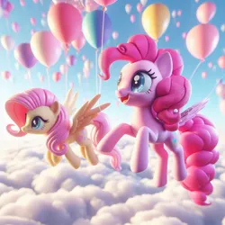 Size: 1024x1024 | Tagged: safe, ai content, derpibooru import, machine learning generated, pinkie pie, pegasus, g4, balloon, cloud, duo, duo female, female, floating, flying, image, jpeg, pegasus pinkie pie, prompter:pinkiepiepics, race swap