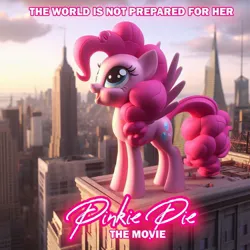 Size: 1500x1500 | Tagged: safe, ai content, derpibooru import, machine learning generated, pinkie pie, pegasus, g4, building, fake, fake movie poster, faker than a three dollar bill, female, image, jpeg, new york city, pegasus pinkie pie, pinkie pie: the movie, prompter:pinkiepiepics, race swap, skyscraper, solo, wings