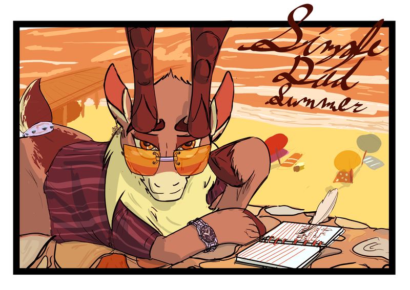 Size: 3129x2216 | Tagged: safe, artist:skunkstripe, derpibooru import, deer, art pack:hooves n' holidays sun sea and salt, them's fightin' herds, antlers, beach, book, clothes, community related, ear piercing, earring, glasses, image, jewelry, lidded eyes, looking at you, lying down, male, notebook, piercing, png, postcard, shirt, stronghoof hoofstrong (tfh), summer, sunglasses, tail accessory, watch, wristwatch