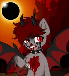 Size: 902x1000 | Tagged: grimdark, artist:vi45, derpibooru import, oc, oc:lucy fair, unofficial characters only, bat pony, demon, demon pony, original species, pony, bat pony oc, bat wings, black sun, blood, choker, commission, devil, devil horns, eclipse, evil grin, female, grin, horns, image, kitchen knife, knife, mare, markings, nose piercing, nose ring, piercing, png, smiling, solar eclipse, solo, spiked choker, stabbed, wings, ych result