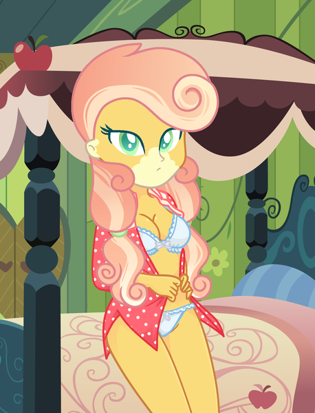 Size: 1499x1965 | Tagged: suggestive, artist:vi45, derpibooru import, oc, oc:pina colada (ice1517), unofficial characters only, icey-verse, equestria girls, g4, bed, bedroom, bedroom eyes, blanket, bra, breasts, clothes, commission, equestria girls-ified, female, flannel, image, magical lesbian spawn, markings, offspring, panties, parent:applejack, parent:strawberry sunrise, parents:applerise, pillow, png, shirt, solo, solo female, underwear, undressing, white underwear, ych result