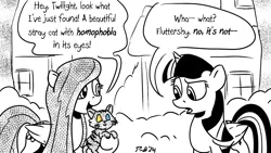 Size: 1200x675 | Tagged: safe, artist:pony-berserker, derpibooru import, fluttershy, twilight sparkle, twilight sparkle (alicorn), alicorn, cat, animal, heterochromia, homophobia, image, misunderstanding, monochrome, neo noir, oblivious, partial color, png, pony-berserker's twitter sketches, pony-berserker's twitter sketches (2024)