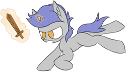 Size: 1235x710 | Tagged: safe, artist:toricelli, derpibooru import, oc, oc:turning page, pony, unicorn, colt, ear fluff, fighting stance, foal, galloping, glow, glowing horn, horn, image, leaping, magic, male, png, solo, sword, telekinesis, weapon, wooden sword