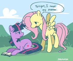 Size: 2048x1714 | Tagged: safe, artist:hogzoid, derpibooru import, fluttershy, twilight sparkle, pony, unicorn, g4, book, dialogue, duo, duo female, female, image, jpeg, looking at each other, looking at someone, lying down, prone, speech bubble, unicorn twilight, xanax, xanaxshy