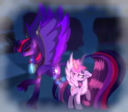 Size: 2052x1795 | Tagged: safe, alternate version, artist:bryony6210, derpibooru import, twilight sparkle, twilight sparkle (alicorn), oc, oc:queen eclipse, alicorn, pony, alternate character, armor, black eye, black sclera, blurry background, chest fluff, dream, eyelashes, feathered wings, female, floppy ears, glow, glowing cutie mark, glowing horn, hooves, horn, image, leonine tail, long horn, long tail, magic, magic aura, nightmare, older, older twilight, older twilight sparkle (alicorn), peytral, png, purple coat, purple eyes, raised hoof, smiling, smirk, spread wings, tail, three toned mane, three toned tail, unicorn horn, unshorn fetlocks, wing armor, wings, worried