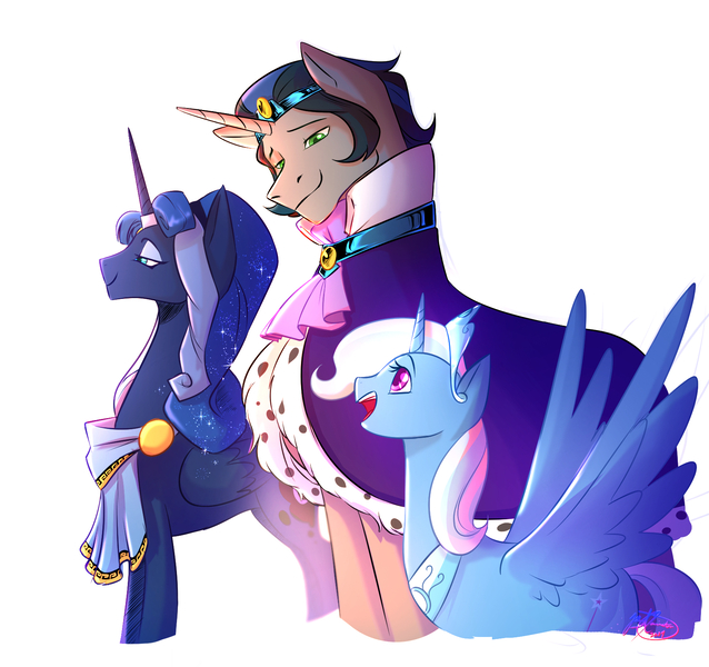 Size: 1700x1600 | Tagged: safe, artist:btanimator, derpibooru import, idw, king sombra, princess luna, trixie, alicorn, pony, unicorn, reflections, spoiler:comic, alicornified, artemis luna, female, good king sombra, height difference, horn, image, jpeg, male, mare, mirror universe, open mouth, open smile, princess of humility, race swap, simple background, smiling, spread wings, stallion, trio, trixiecorn, white background, wings