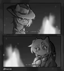 Size: 1355x1500 | Tagged: safe, artist:cuiicie, derpibooru import, oc, oc:lucky shot, oc:strawberry splash, unofficial characters only, clothes, cowboy hat, fire, grayscale, hat, image, jpeg, monochrome, text