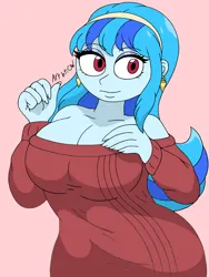 Size: 3000x4000 | Tagged: safe, artist:c_w, derpibooru import, sonata dusk, equestria girls, g4, breasts, busty sonata dusk, cleavage, clothes, curvy, ear piercing, earring, eyelashes, eyeshadow, hand on breasts, hand on chest, image, jewelry, jpeg, looking at you, makeup, piercing, smiling, smiling at you, spy x family, sweater, yor forger, yornata