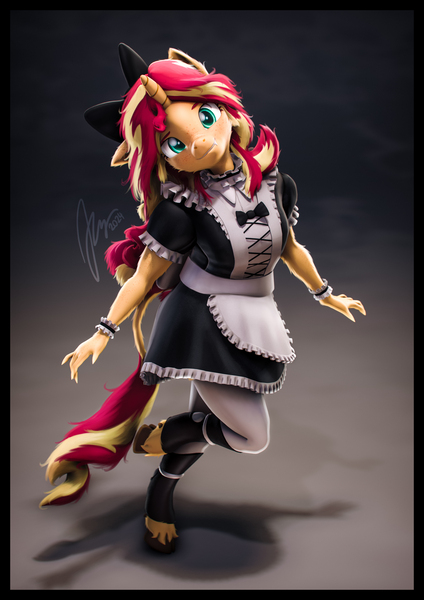 Size: 4000x5656 | Tagged: safe, artist:imafutureguitarhero, derpibooru import, sunset shimmer, anthro, classical unicorn, pony, unguligrade anthro, unicorn, g4, 3d, absurd resolution, arm fluff, arm freckles, border, bow, cheek fluff, chin fluff, chromatic aberration, claws, clothes, cloven hooves, colored eyebrows, colored eyelashes, cute, ear fluff, ear freckles, fangs, female, film grain, floppy ears, fluffy, freckles, fur, grin, hair bow, hand freckles, head tilt, hoof fluff, horn, image, jpeg, leonine tail, long hair, long mane, looking at you, maid, maid sunset shimmer, mare, multicolored hair, multicolored mane, multicolored tail, neck fluff, one ear down, paintover, peppered bacon, raised hoof, raised leg, revamped anthros, revamped ponies, shadow, shimmerbetes, shirt, shortstack, signature, smiling, smiling at you, snaggletooth, socks, solo, source filmmaker, stockings, tail, thigh highs, unshorn fetlocks, vertical, wall of tags