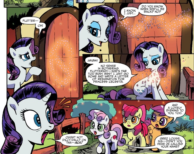 Size: 1024x815 | Tagged: safe, artist:pencils, derpibooru import, idw, apple bloom, rarity, scootaloo, sweetie belle, earth pony, firefly (insect), insect, pegasus, unicorn, g4, spoiler:comic, spoiler:comic82, cutie mark crusaders, fluttershy's cottage, horn, image, jpeg, sign