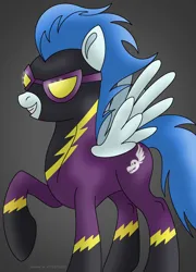 Size: 1024x1424 | Tagged: safe, artist:lavenderrain24, derpibooru import, nightshade, pegasus, pony, clothes, costume, female, image, jpeg, mare, raised hoof, shadowbolts, shadowbolts costume, smiling, solo, spread wings, wings